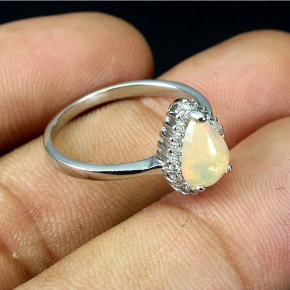 Opal Ring, Pear Shaped Ring, Solitaire Ring, Gemstone Ring, Engagement Ring - Picture 3 of 6